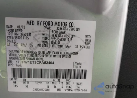 2012 Ford F-150 Fx4 from USA, damaged, VIN 1FTFW1ET3CFA52404